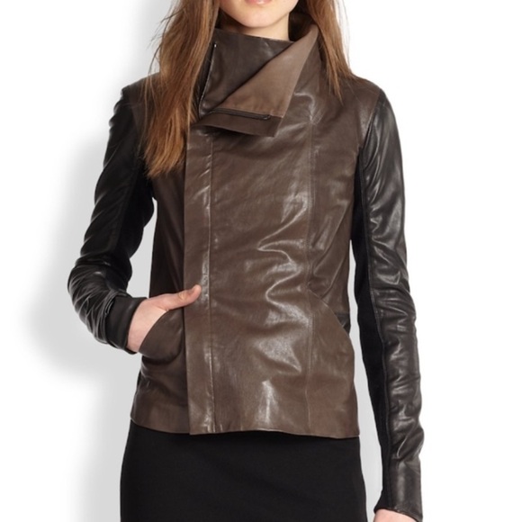 VINCE Colorblock Black Leather Wrap Moto Jacket - Picture 12 of 12